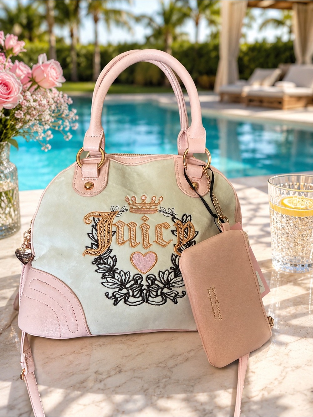 Juicy Couture Pink & clay Logo Satchel with Wristlet
